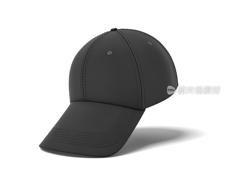 一顶黑色棒球帽垂直悬挂在白色背景上的3d渲染，帽舌向下