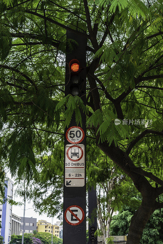 巴西圣保罗保利斯塔大道的街道标志和交通信号