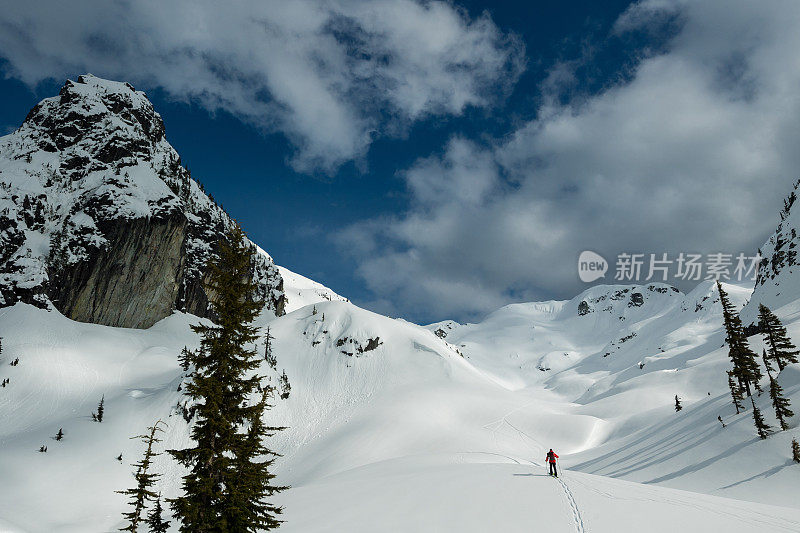 边远地区滑雪板在一个新鲜的皮肤轨道