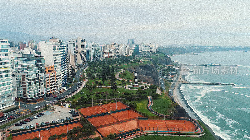 油画全景鸟瞰图米拉弗洛雷斯区海岸线在利马，秘鲁。