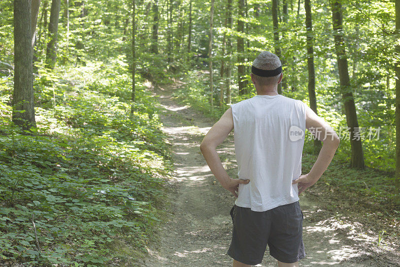 英俊的成年男子准备在阳光明媚的夏日在森林里跑步锻炼