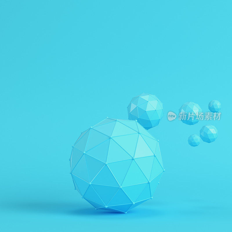 低聚抽象球体在明亮的蓝色背景在柔和的颜色