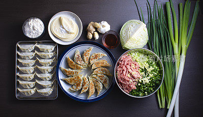 日式饺子。从上面看，饺子的食谱和配料制作饺子和烤饺子。