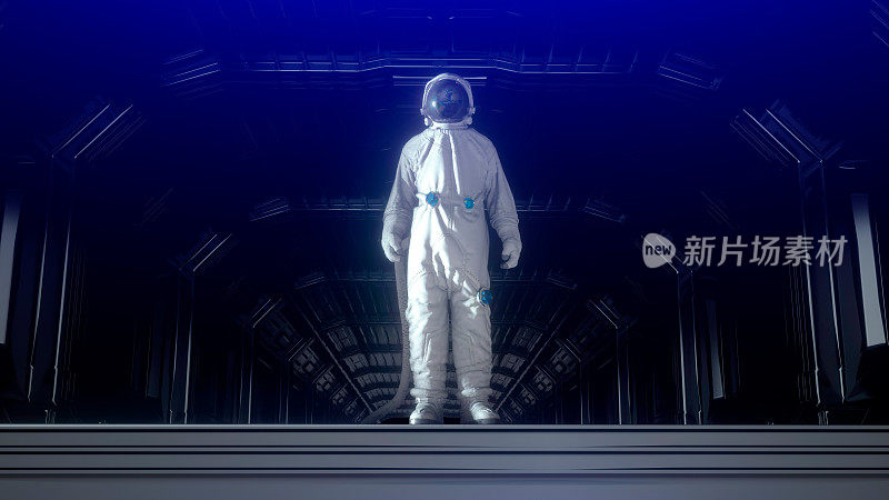 宇航员在未来的太空走廊，房间。行星地球反射在宇航服头盔里。三维渲染