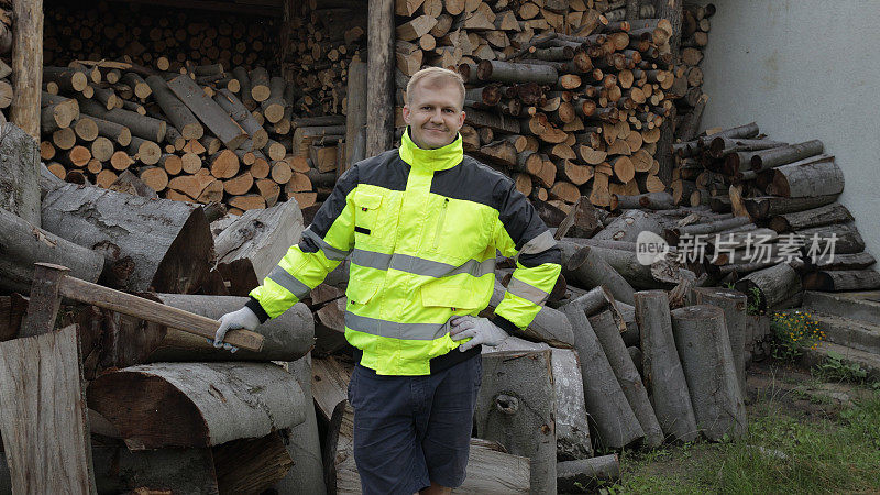 穿反光夹克的伐木工人。樵夫拿着大斧头。锯过的原木，柴火背景