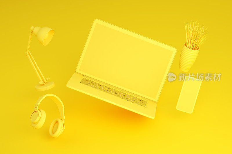 飞行空屏幕笔记本电脑和智能手机在黄色背景，零重力