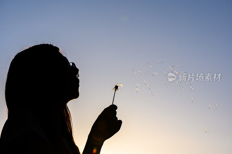 年轻的嬉皮女孩吹蒲公英在股票照片