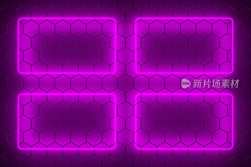 抽象的未来三维六边形网格背景与4个粉色闪亮的矩形框架