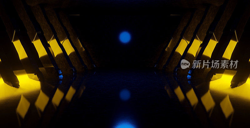 科幻霓虹灯发光抽象舞蹈复古黄橙灯在Grunge瓷砖外星飞船反射混凝土俱乐部舞蹈室3D渲染