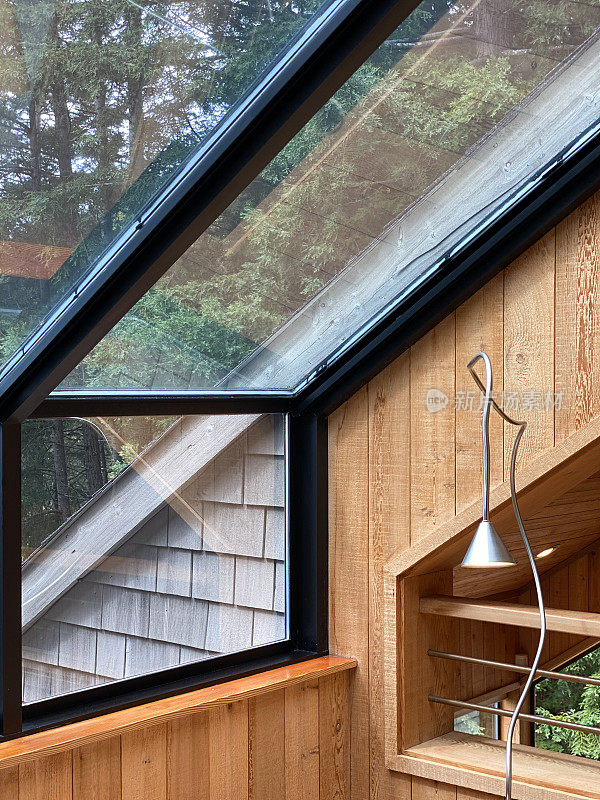 海洋牧场:家中的中庭，有天窗和质朴的红木面板，配有现代灯具