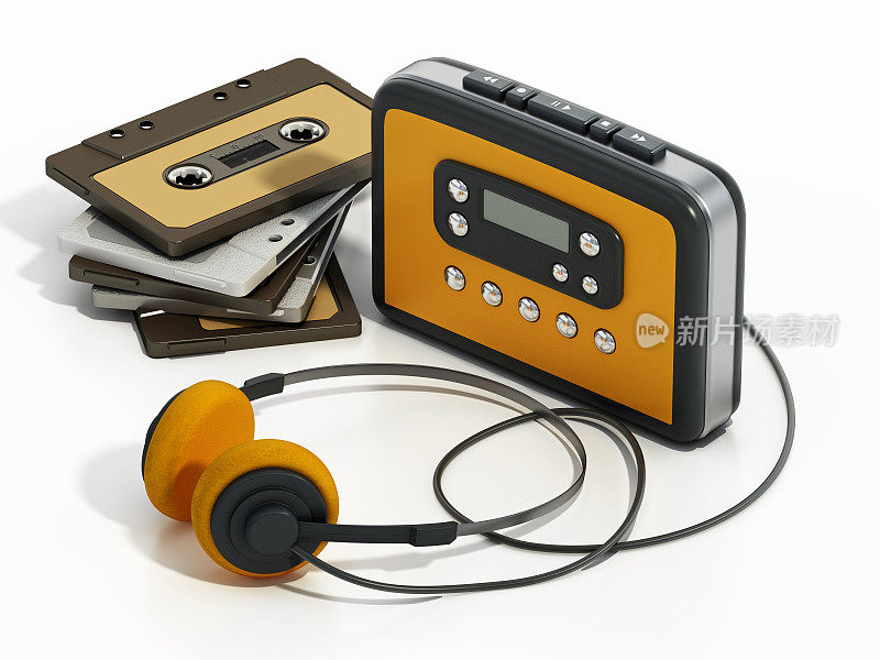 老式个人音频卡带播放机与黄色耳机和模拟音频卡带
