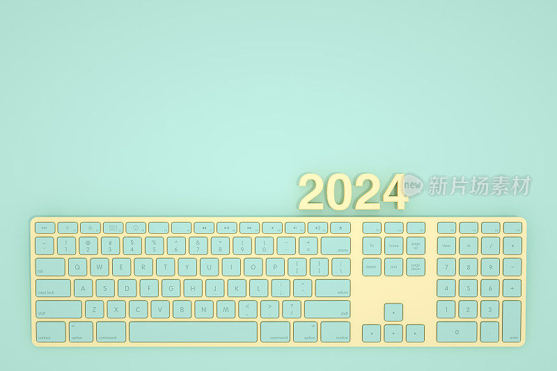 2024年新年用蓝绿色背景的电脑键盘