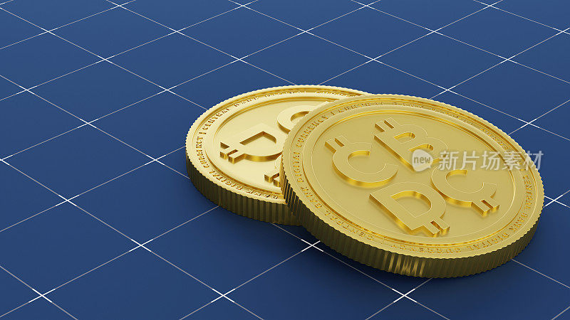 新型数字货币CBDC，蓝色网格地板上的金币作为财富、稳定和信心的象征