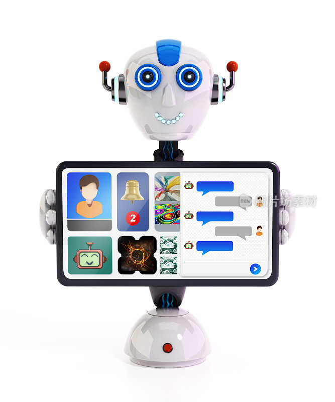 卡通机器人电脑与虚拟AI聊天用户界面屏幕。AI聊天机器人概念