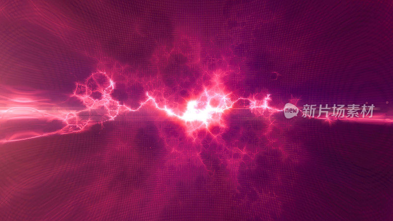 红色能量发光的神奇波和电闪电使高科技数字彩虹液体等离子体充满了光线线和能量粒子。抽象的背景