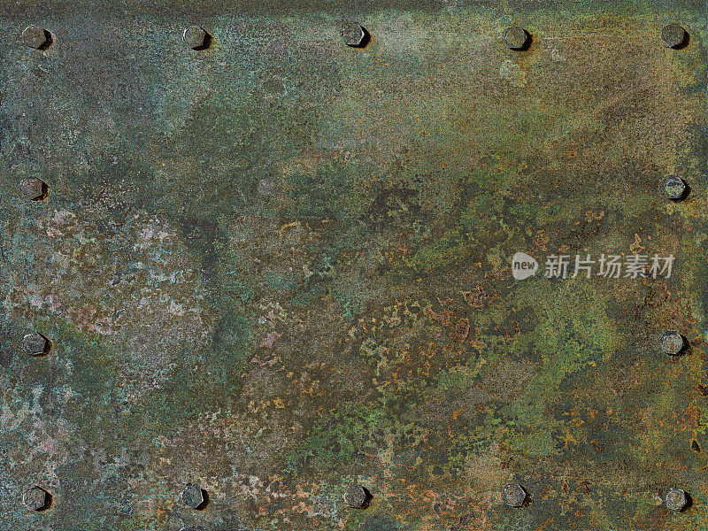 陈旧的多色生锈和古铜色覆盖抽象金属板背景与螺栓周围板的边缘，大量侵蚀字符。