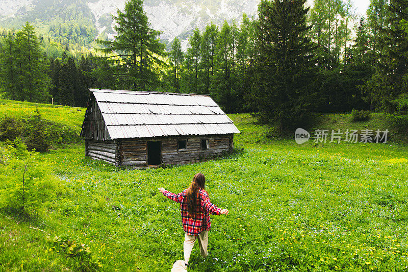 一个年轻的女人和一只狗在朱利安阿尔卑斯山的老木屋附近美丽的草地上感觉自由奔跑