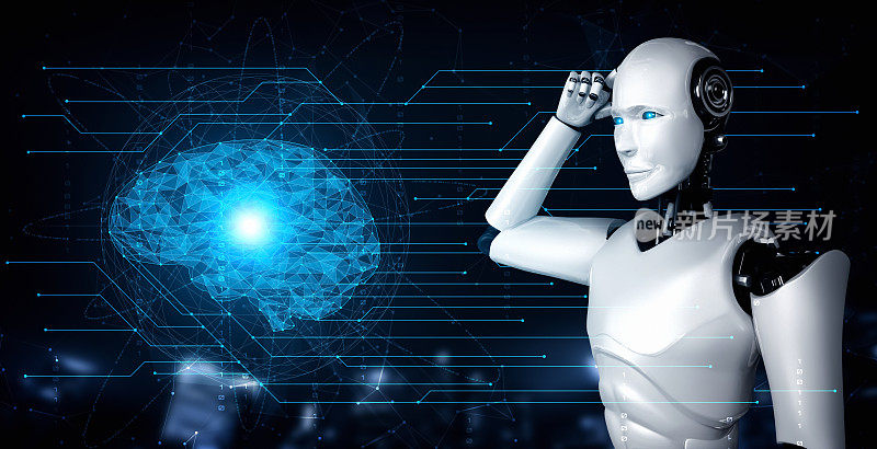 思考人工智能类人机器人分析全息屏幕显示人工智能的概念
