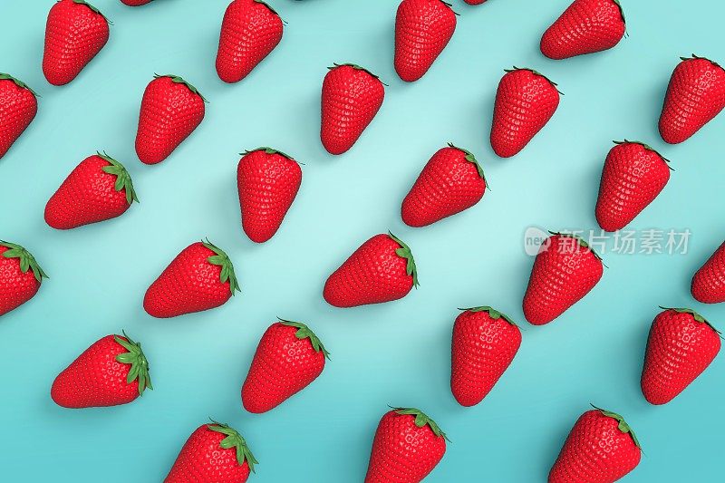 3d渲染草莓孤立在蓝色背景库存照片