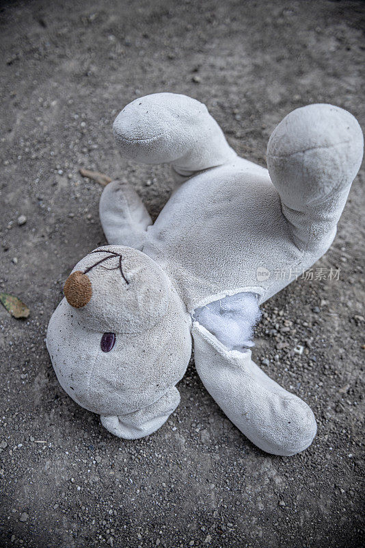 地上有一只损坏的泰迪熊。
