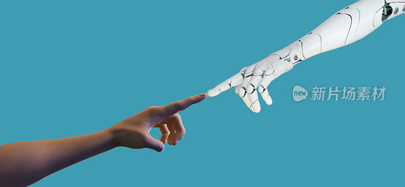 白色的电子手指在蓝色背景下触摸人类手指，3D渲染机器人手
面向人工智能的未来设计理念，面向企业管理的未来技术