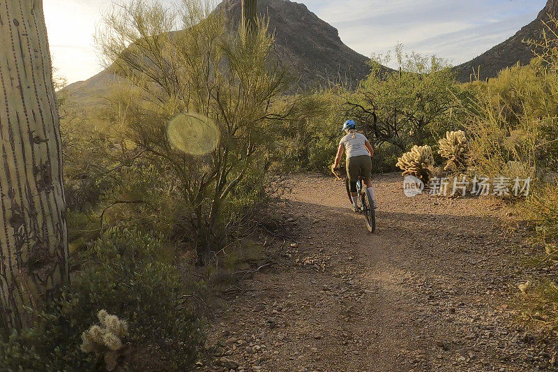 在沙漠中，女山地自行车手沿着小路前行