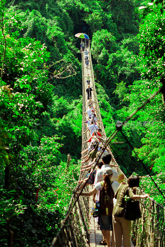海南三亚森林公园的吊桥上，人们在桥上