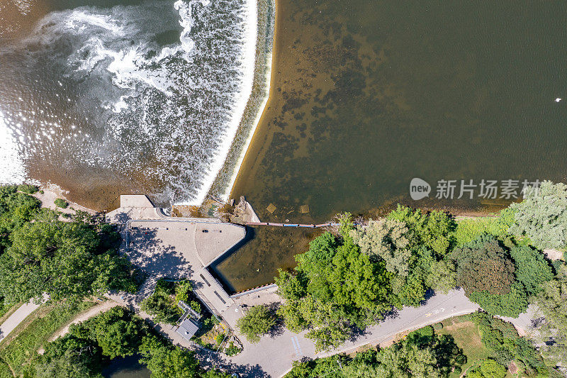 空中威尔克斯大坝和格兰德河景观，布兰特福德，加拿大