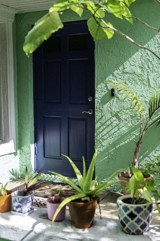 一户人家的前门排列着五颜六色的花盆