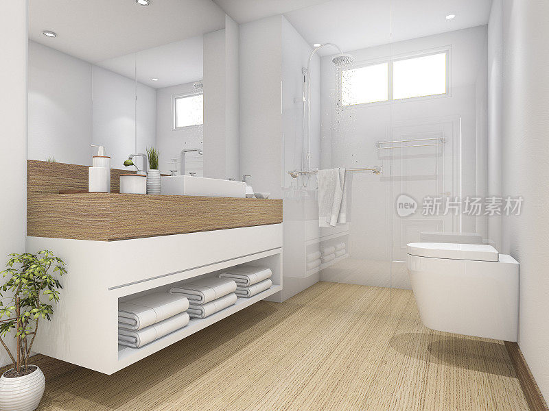 3d渲染白色木材设计浴室和卫生间