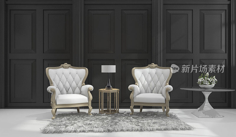 3d渲染经典扶手椅在黑色经典房间