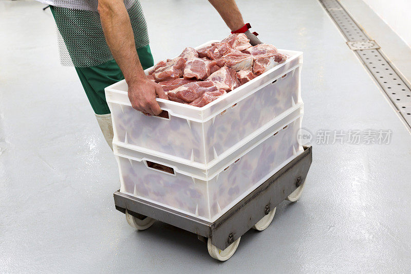 工人拿起一盒肉