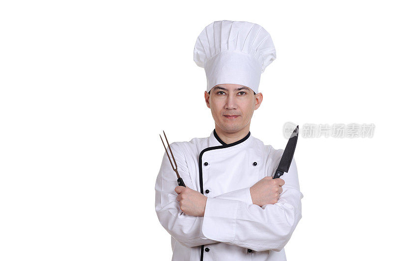 男性自信厨师与刀和劈白帽