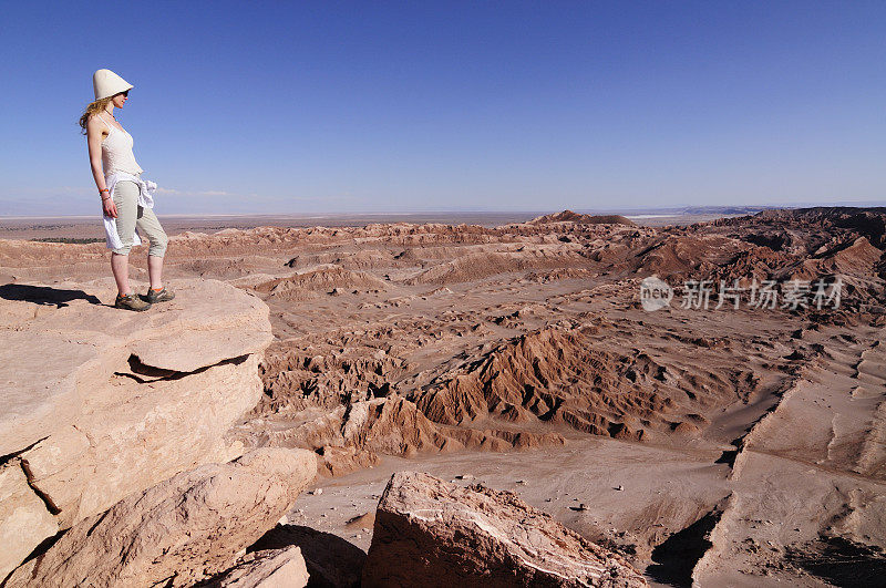 从悬崖顶上俯瞰沙漠的女人