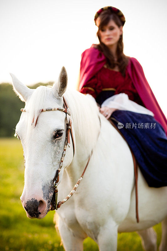 年轻女子穿着文艺复兴时期的服装，坐在马鞍上