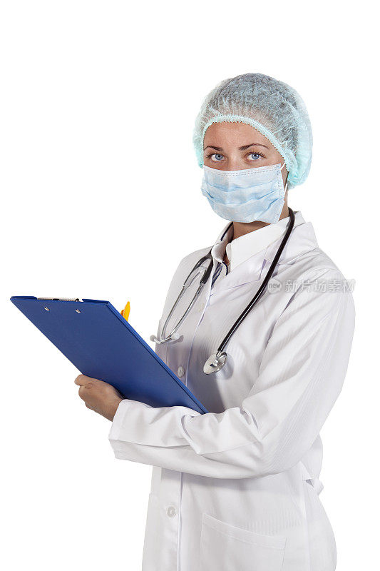 女医生戴着外科口罩和工作粘合剂