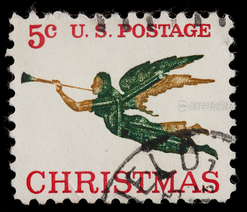 圣诞节，大天使加布里埃尔吹加布里埃尔的号角在古董美国邮票