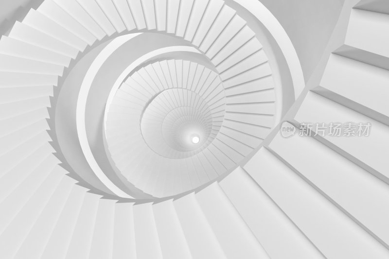 抽象的螺旋楼梯，空旷的空间，明亮的白色同心隧道