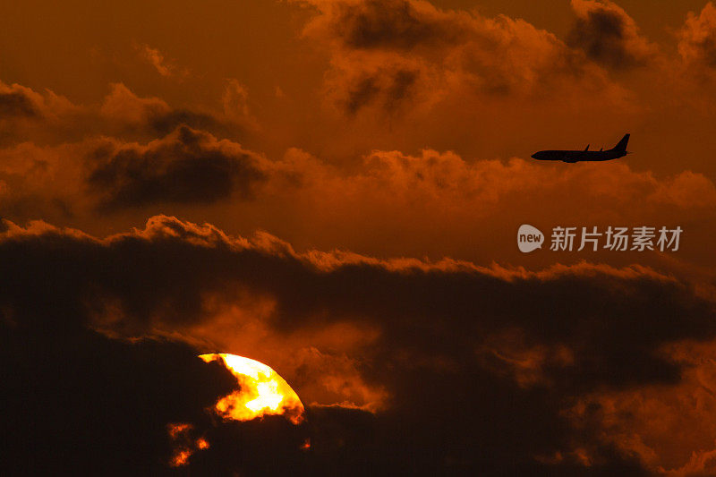 客机在夕阳下飞行