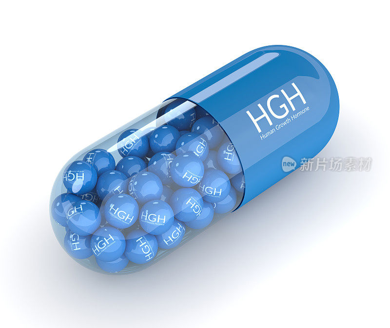 HGH药丸的3d渲染与颗粒在白色