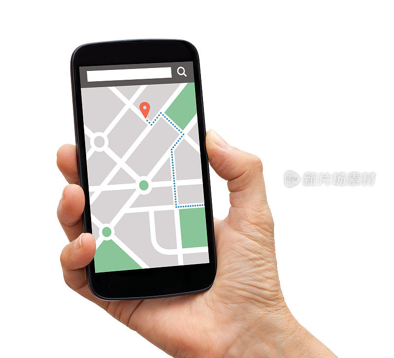 手持智能手机与地图gps导航应用在屏幕上