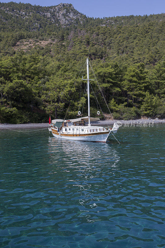 在土耳其穆格拉的波德鲁姆湾，传统的帆船在蓝色之旅中航行