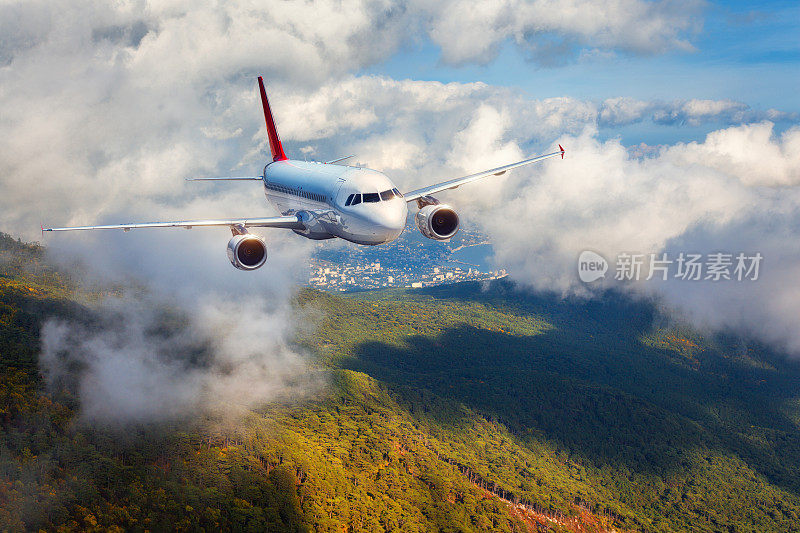 日落时分，飞机在云中飞过森林密布的高山。白色的客机，多云的天空和绿树景观。客机正在降落。商务旅行。商用飞机