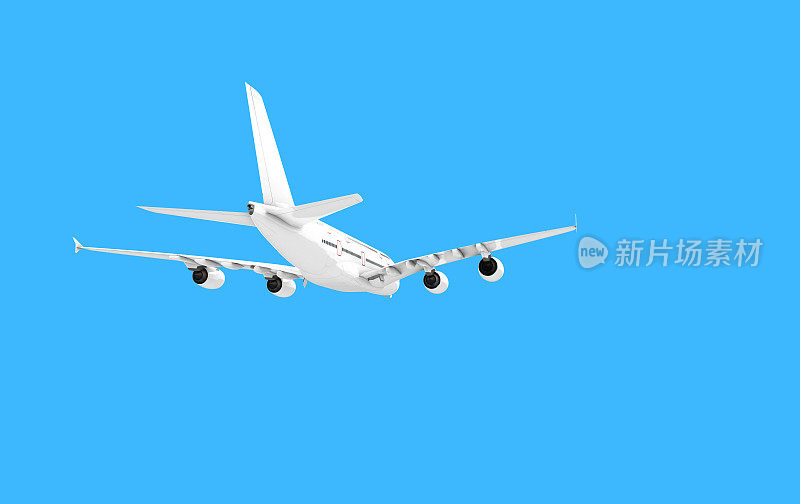 空中客车A380的3D插图飞机隔离在蓝色背景。后方底部视图。的角度来看