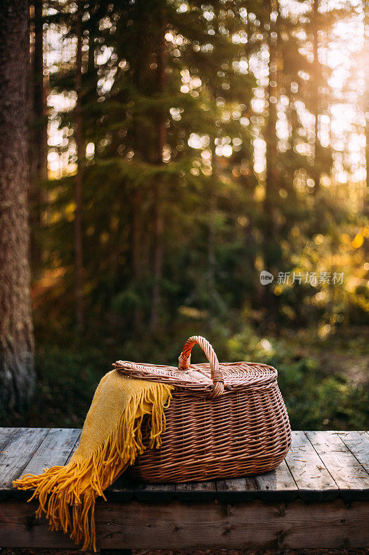 野餐在日落时间与美丽的秋天风景