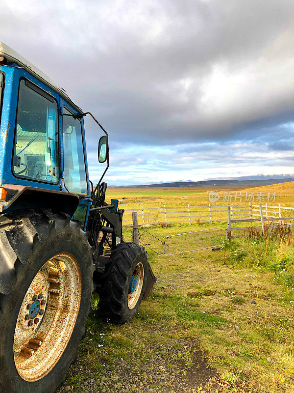 冰岛:复古蓝色拖拉机在美丽的风景，特写