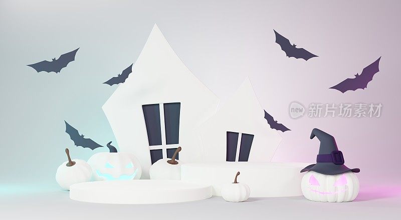 3d渲染，快乐万圣节的背景与平台的产品和夜景和可爱的幽灵般的设计。万圣节南瓜，骷髅，幽灵和蜘蛛装饰在深紫色的背景。