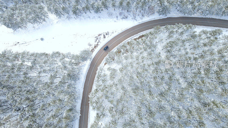 汽车行驶在通往森林的雪路上