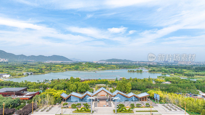 中国河北省石家庄市鹿泉区龙泉湖湿地航拍图