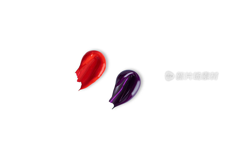 紫色和红色唇膏涂抹涂抹样品产品。演示产品营销